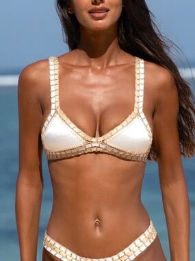Luxsea Coco White Gold Shimmer Crochet Bikini Swim Top Size S Resort Beach Club
